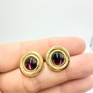Vintage 80’s Gold Byzantine Stud Earrings with Round Purple Glass Stones
